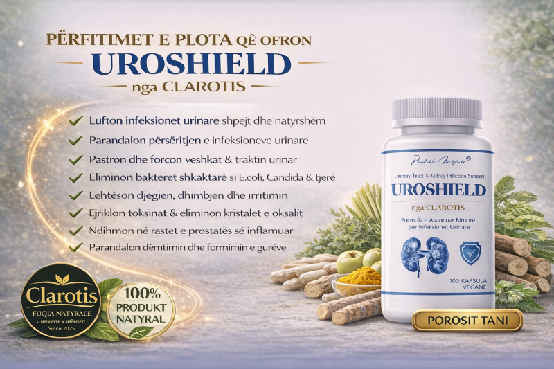 UROSHIELD suplement bimor nga CLAROTIS per pastrim trakt urinar, kapsula per shendetin e veshkave, trajtim natyral per infeksion urinar, suplement per cistit, produkt per mbrojtje urinar, kapsula detox renal, trajtim inflamacion urinar, detox trakt urinar